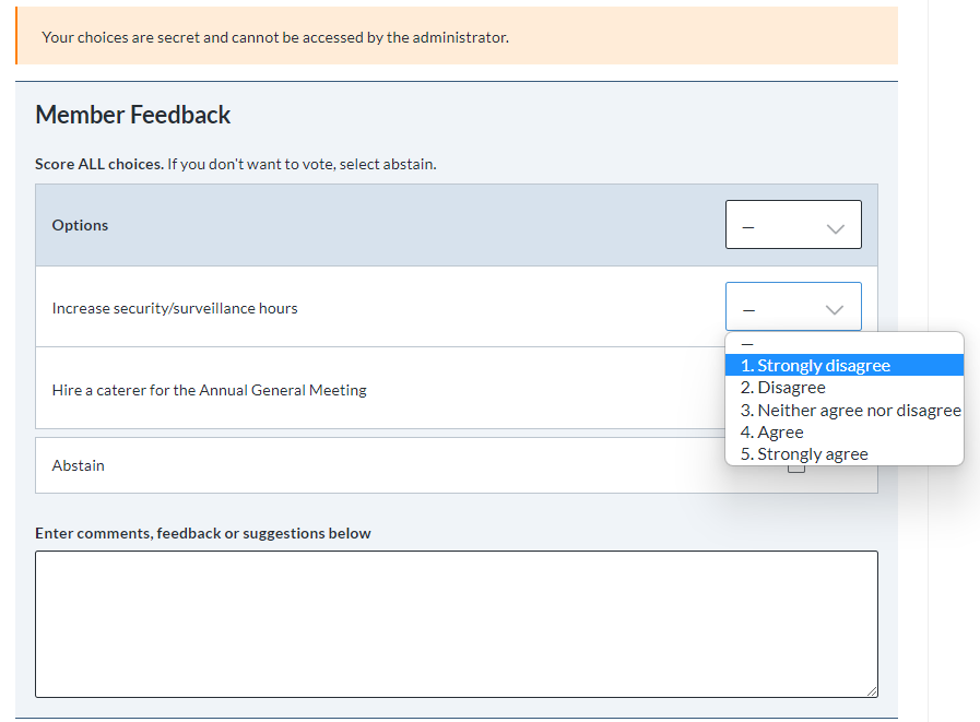 Member feedback ballot example using the scored voting method with ElectionBuddy.