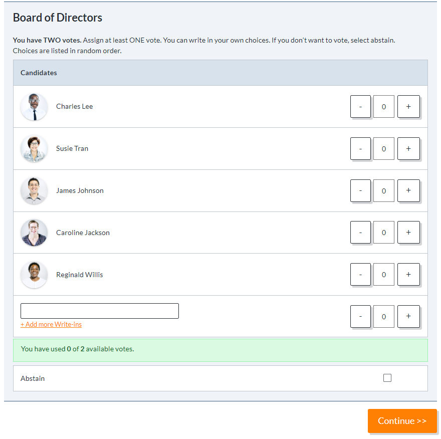 ElectionBuddy example ballot setup for a board of directors vote using cumulative voting.
