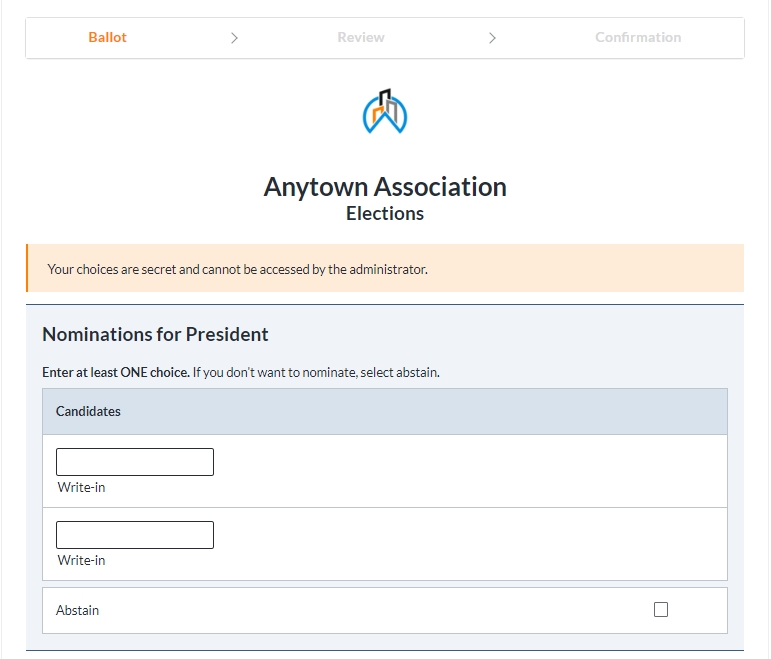 The ballot is for a nomination vote with ElectionBuddy for president candidates. Voters can write-in selections.