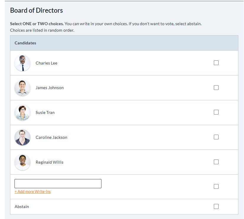 Sample ballot for a board of directors vote using the plurality voting system with ElectionBuddy.