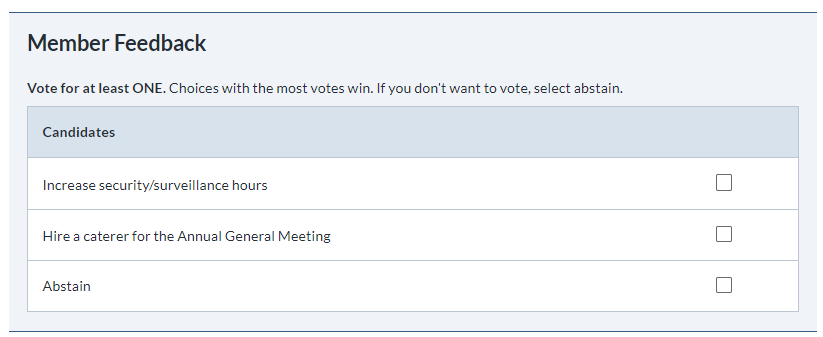 Example ballot from ElectionBuddy using approval voting for a member feedback poll.