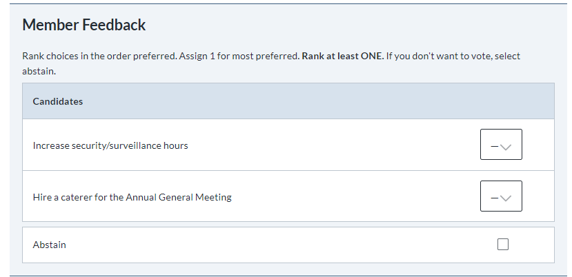 ElectionBuddy example ballot using preferential voting to collect member feedback.